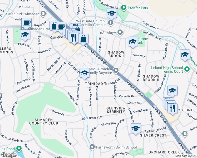 map of restaurants, bars, coffee shops, grocery stores, and more near 6678 Elwood Road in San Jose