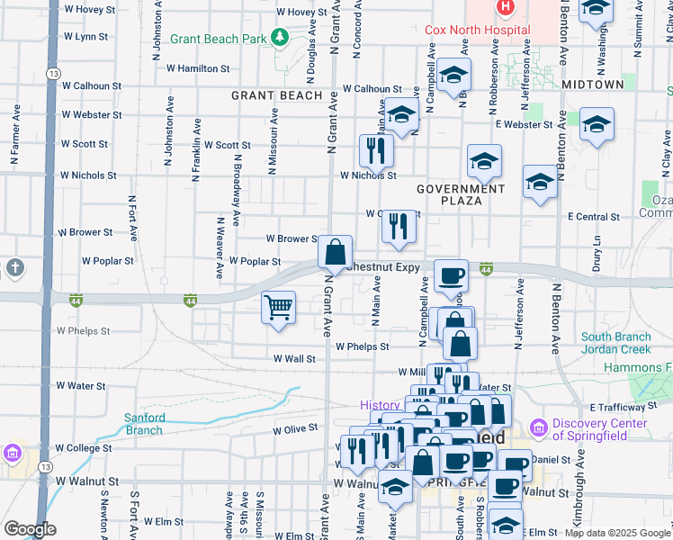 map of restaurants, bars, coffee shops, grocery stores, and more near in Springfield
