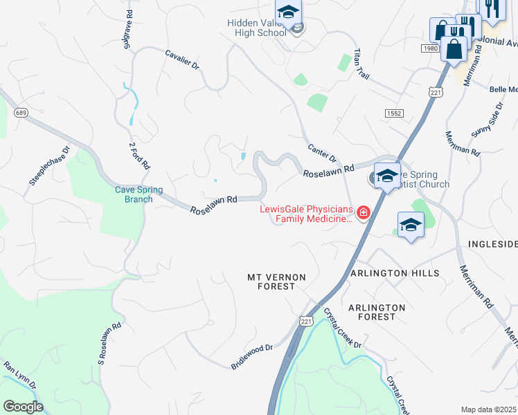 map of restaurants, bars, coffee shops, grocery stores, and more near 4640 Rosecrest Road in Cave Spring