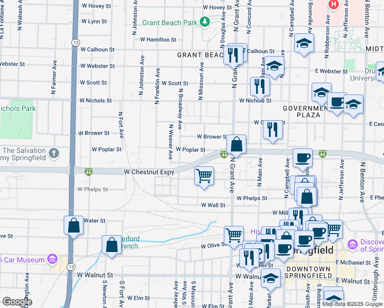 map of restaurants, bars, coffee shops, grocery stores, and more near 911 West Chestnut Street in Springfield