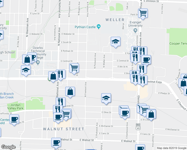 map of restaurants, bars, coffee shops, grocery stores, and more near 1455 East Chestnut Expressway in Springfield