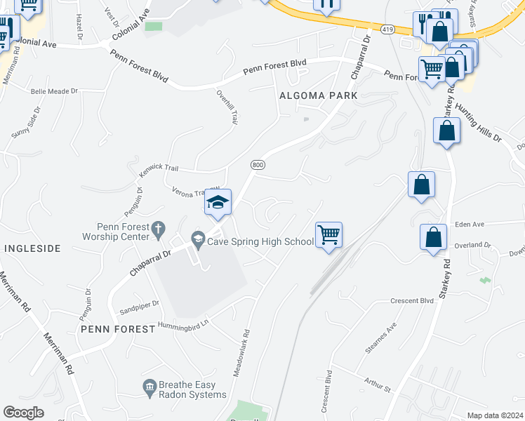 map of restaurants, bars, coffee shops, grocery stores, and more near 3345 Forest Ridge Road in Cave Spring