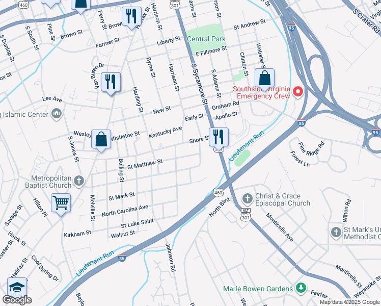 map of restaurants, bars, coffee shops, grocery stores, and more near 117 Saint Matthew Street in Petersburg