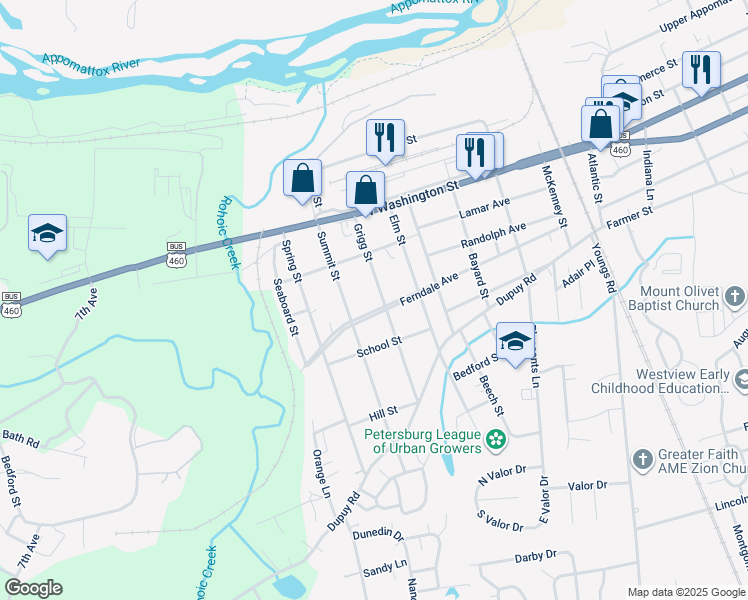 map of restaurants, bars, coffee shops, grocery stores, and more near 2105 Ferndale Avenue in Petersburg