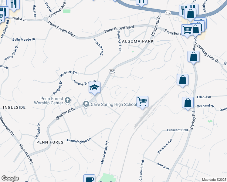map of restaurants, bars, coffee shops, grocery stores, and more near 3341 Forest Ridge Road in Roanoke