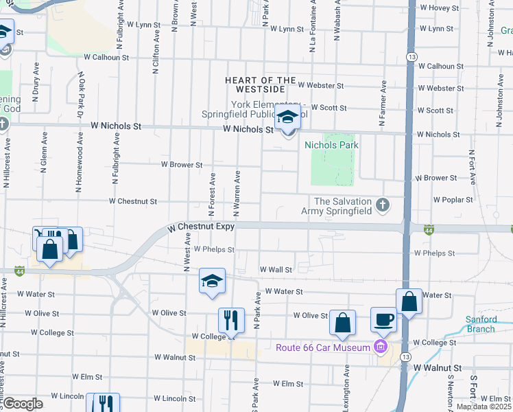 map of restaurants, bars, coffee shops, grocery stores, and more near 637 North Park Avenue in Springfield