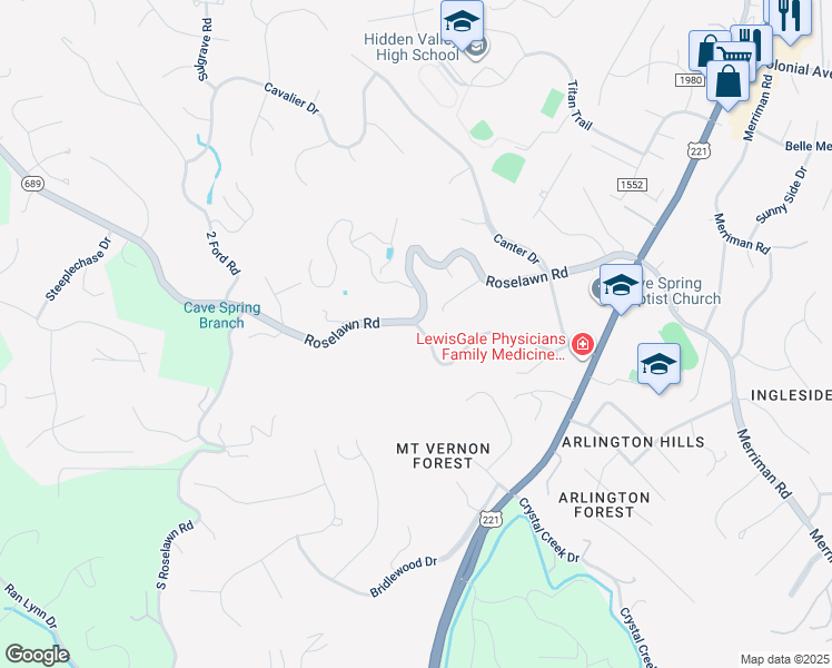 map of restaurants, bars, coffee shops, grocery stores, and more near 4640 Rosecrest Road in Cave Spring