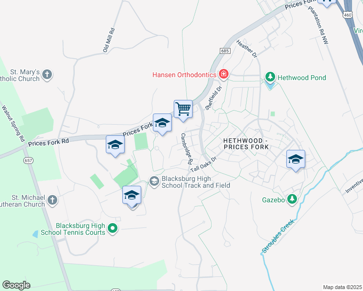 map of restaurants, bars, coffee shops, grocery stores, and more near 2815 Newton Court in Blacksburg