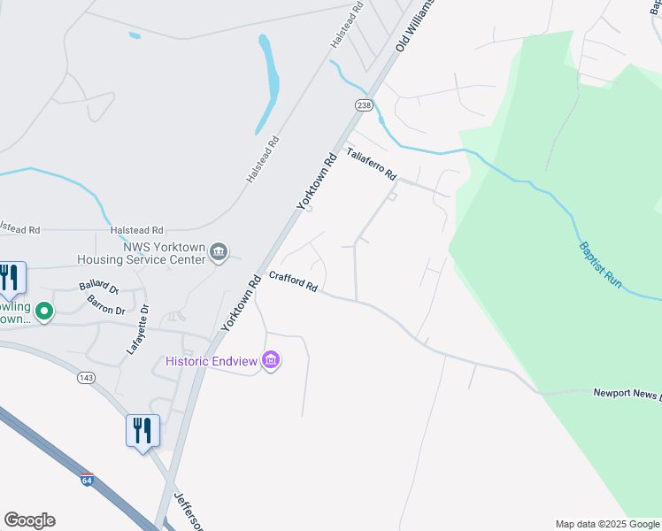 map of restaurants, bars, coffee shops, grocery stores, and more near 108 Beauregard Way in Newport News
