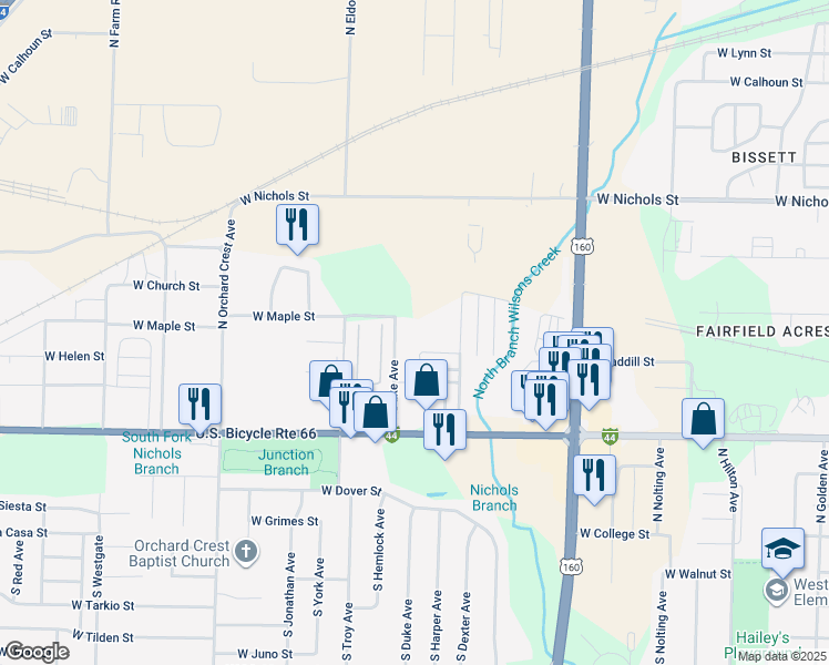 map of restaurants, bars, coffee shops, grocery stores, and more near 550 North Duke Avenue in Springfield