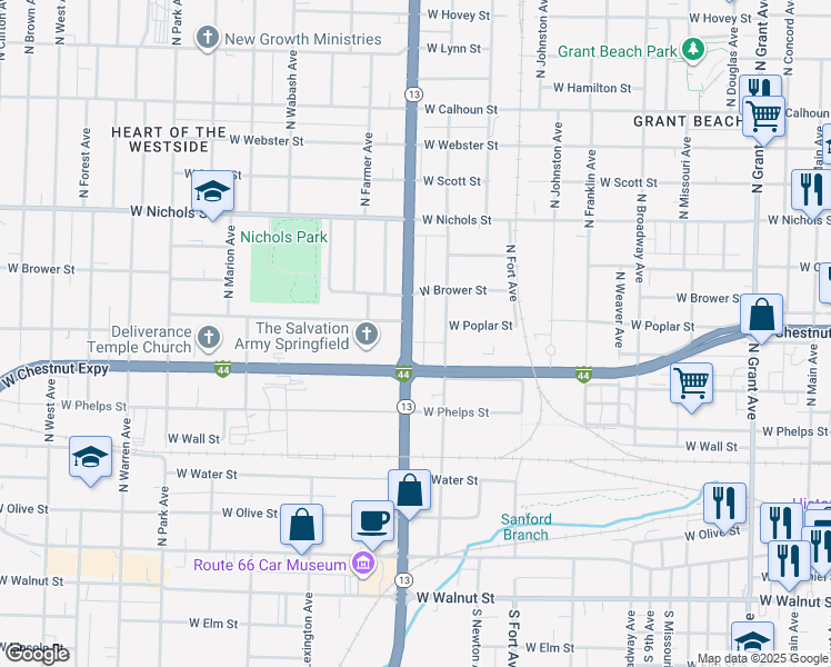map of restaurants, bars, coffee shops, grocery stores, and more near 710 Missouri 13 in Springfield