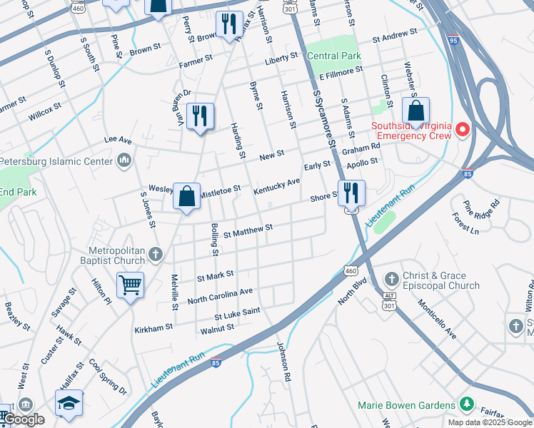 map of restaurants, bars, coffee shops, grocery stores, and more near 242 Shore Street in Petersburg