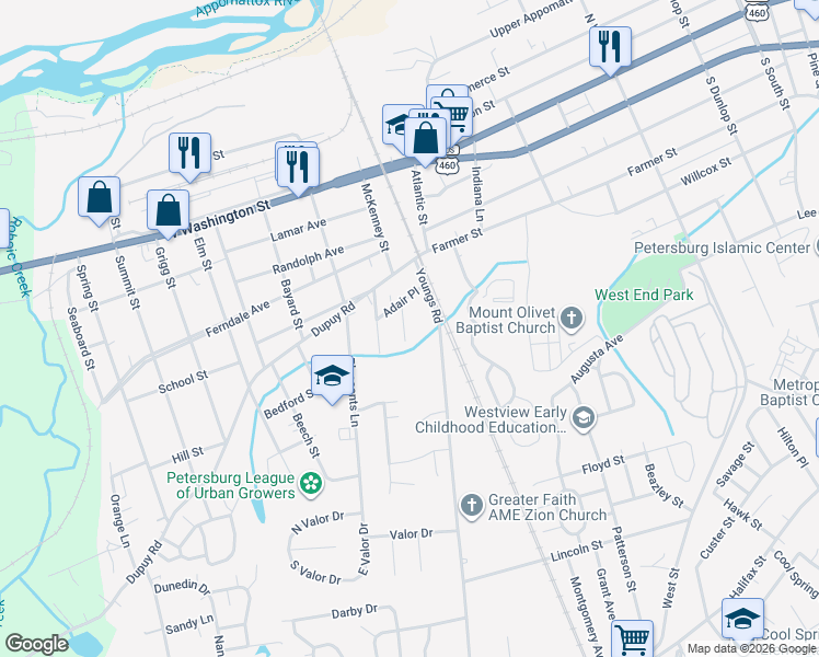 map of restaurants, bars, coffee shops, grocery stores, and more near 339 Myrtle Drive in Petersburg