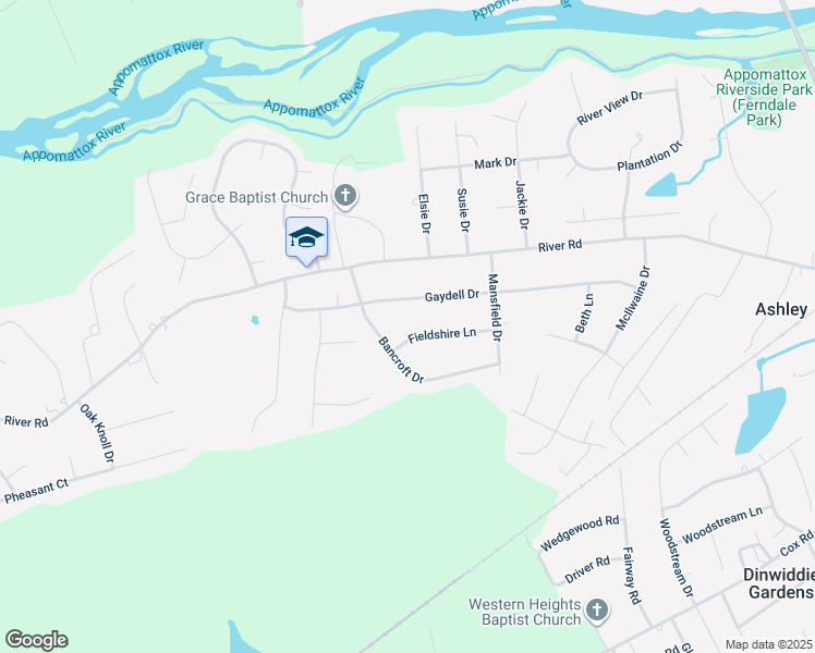 map of restaurants, bars, coffee shops, grocery stores, and more near 23924 Fieldshire Lane in North Dinwiddie