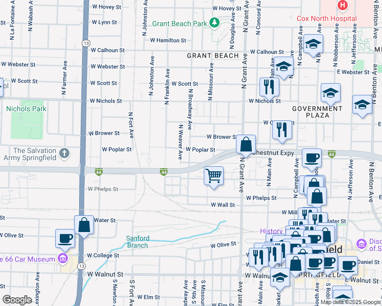 map of restaurants, bars, coffee shops, grocery stores, and more near 950 West Poplar Street in Springfield