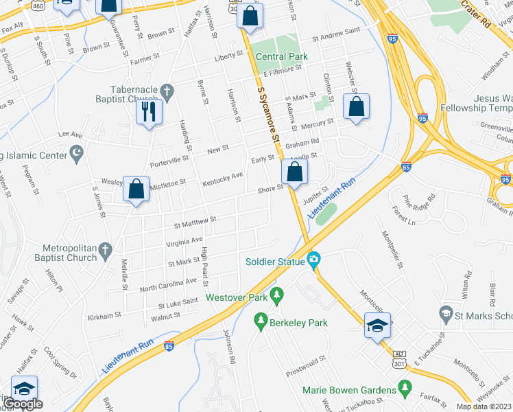 map of restaurants, bars, coffee shops, grocery stores, and more near 117 Saint Matthew Street in Petersburg