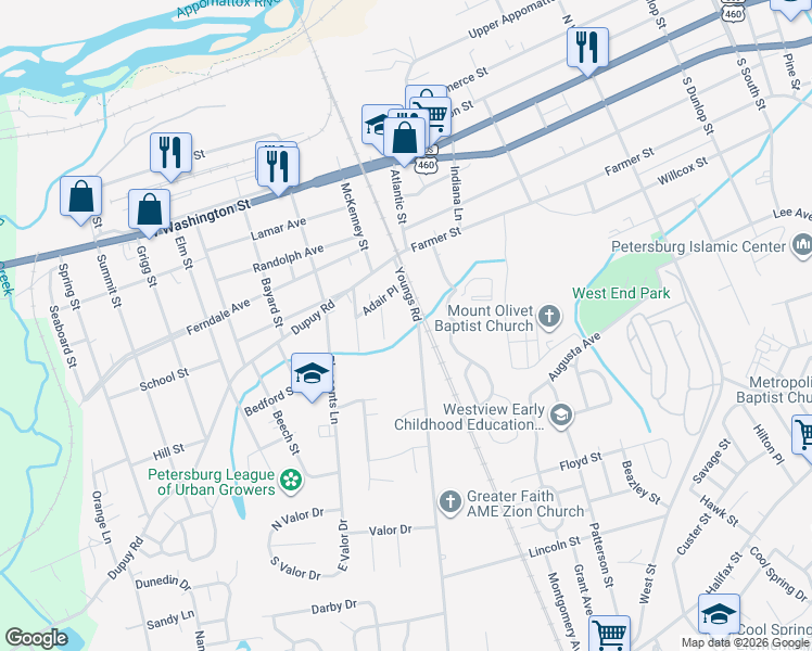 map of restaurants, bars, coffee shops, grocery stores, and more near 339 Myrtle Drive in Petersburg