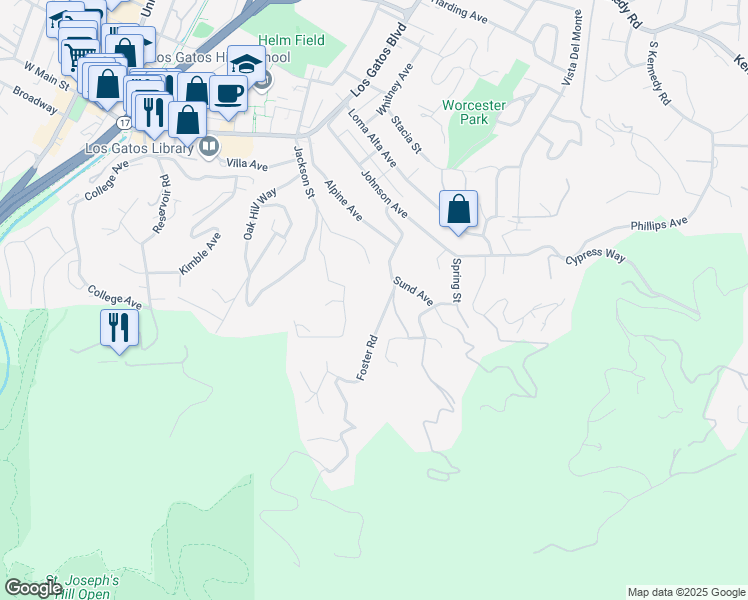 map of restaurants, bars, coffee shops, grocery stores, and more near 140 Foster Road in Los Gatos
