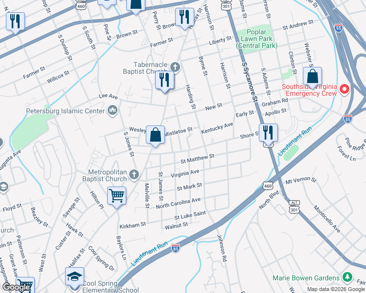map of restaurants, bars, coffee shops, grocery stores, and more near 408 Shore Street in Petersburg