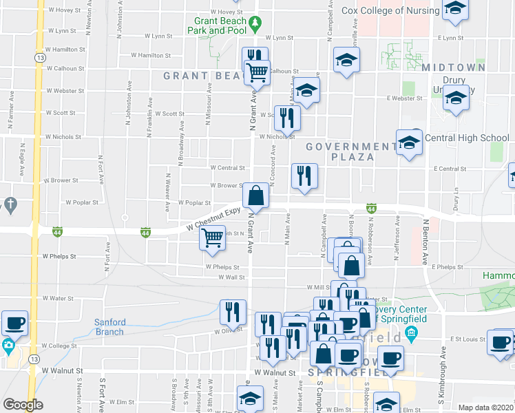 map of restaurants, bars, coffee shops, grocery stores, and more near 634-698 West Chestnut Expressway in Springfield