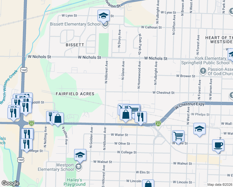 map of restaurants, bars, coffee shops, grocery stores, and more near 2940 West Chestnut Street in Springfield