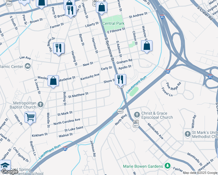 map of restaurants, bars, coffee shops, grocery stores, and more near 101 Saint Matthew Street in Petersburg
