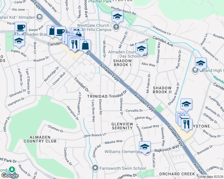 map of restaurants, bars, coffee shops, grocery stores, and more near 6698 Trinidad Drive in San Jose