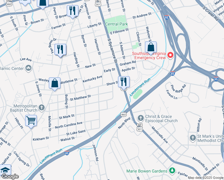 map of restaurants, bars, coffee shops, grocery stores, and more near 101 Saint Matthew Street in Petersburg