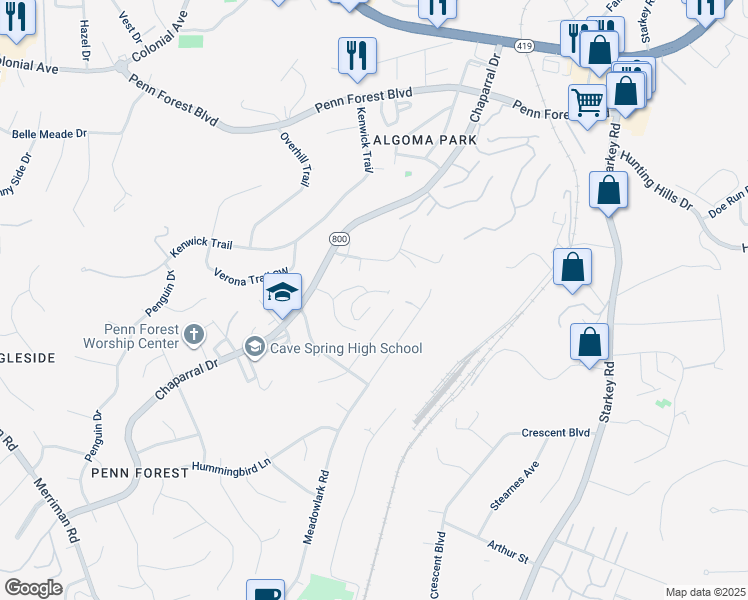 map of restaurants, bars, coffee shops, grocery stores, and more near 3366 Forest Court in Cave Spring