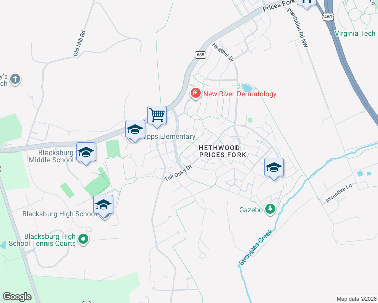 map of restaurants, bars, coffee shops, grocery stores, and more near 1901-1999 Foxhunt Ln in Blacksburg