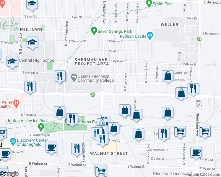 map of restaurants, bars, coffee shops, grocery stores, and more near 1217-1299 E Chestnut Expy in Springfield