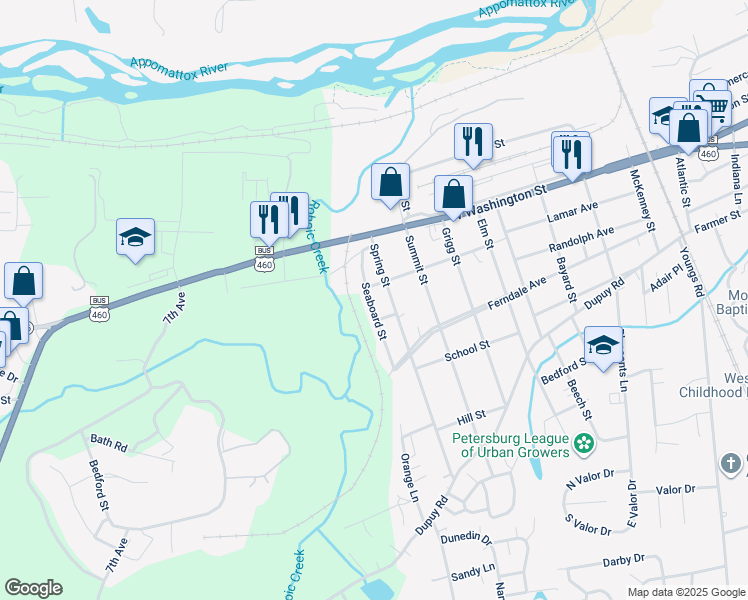 map of restaurants, bars, coffee shops, grocery stores, and more near 113 Seaboard Street in Petersburg