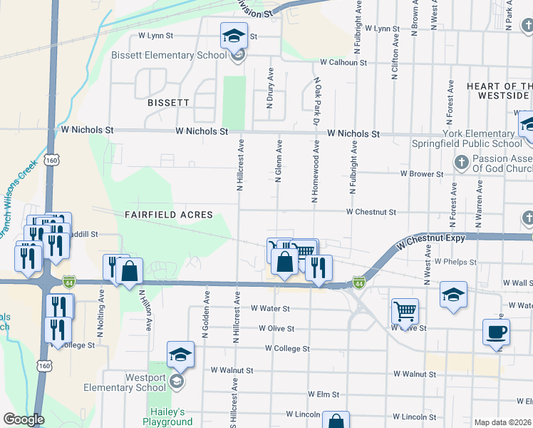 map of restaurants, bars, coffee shops, grocery stores, and more near 2940 West Chestnut Street in Springfield