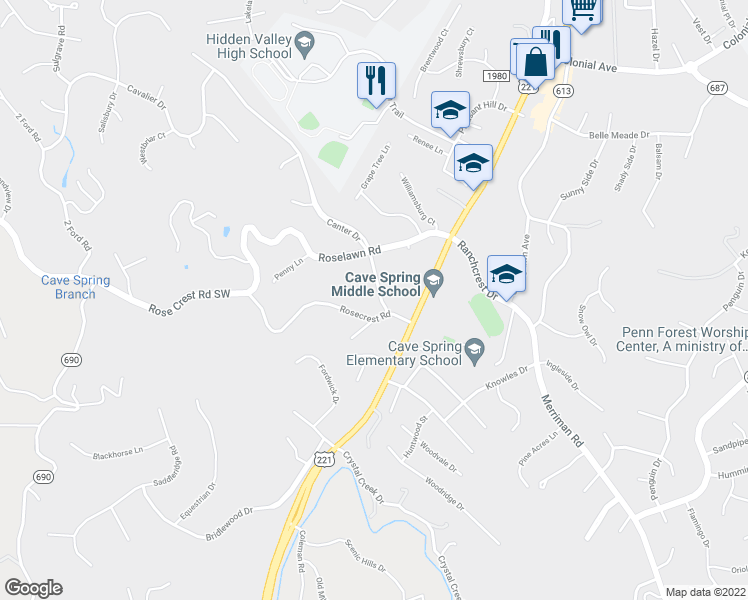 map of restaurants, bars, coffee shops, grocery stores, and more near 5243 Rosecliff Road in Cave Spring