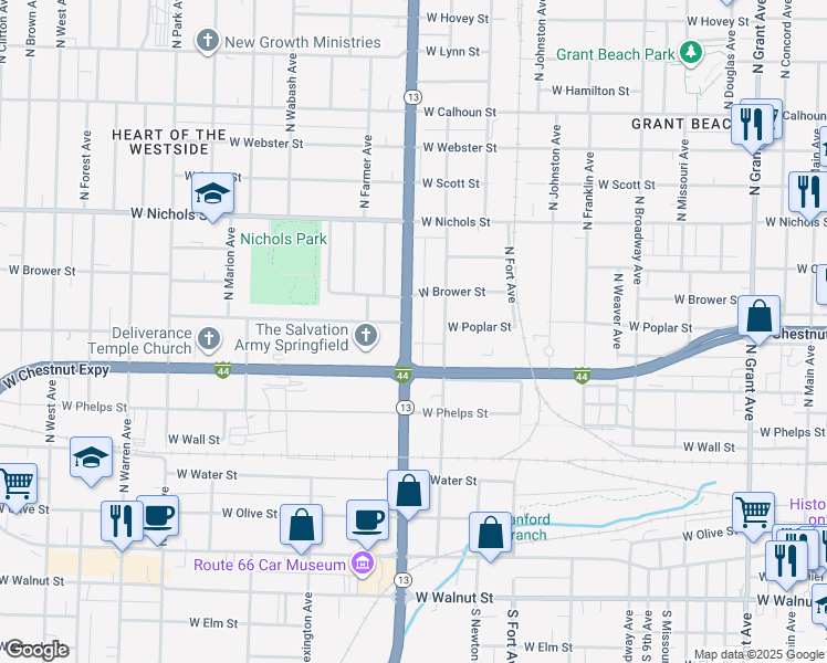 map of restaurants, bars, coffee shops, grocery stores, and more near 710 Missouri 13 in Springfield