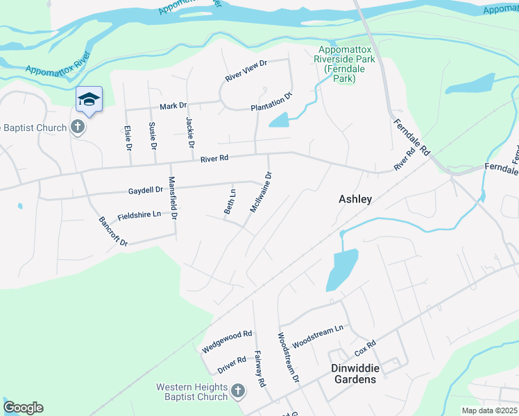 map of restaurants, bars, coffee shops, grocery stores, and more near 4115 McIlwaine Drive in Petersburg