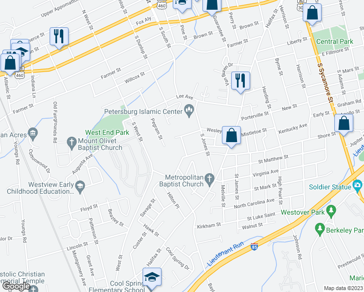 map of restaurants, bars, coffee shops, grocery stores, and more near 724 Mount Airy Street in Petersburg