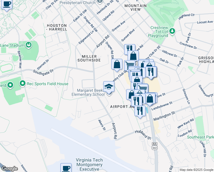 map of restaurants, bars, coffee shops, grocery stores, and more near 401 Country Club Drive Southwest in Blacksburg