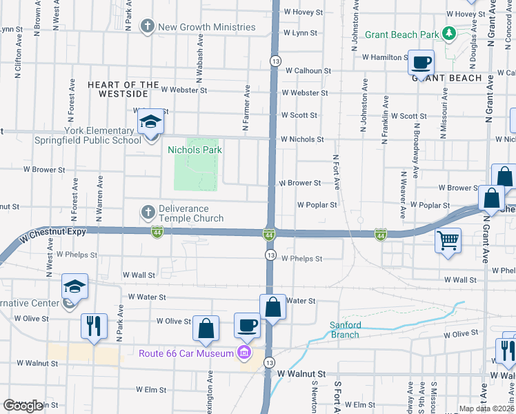 map of restaurants, bars, coffee shops, grocery stores, and more near 1707 West Chestnut Expressway in Springfield