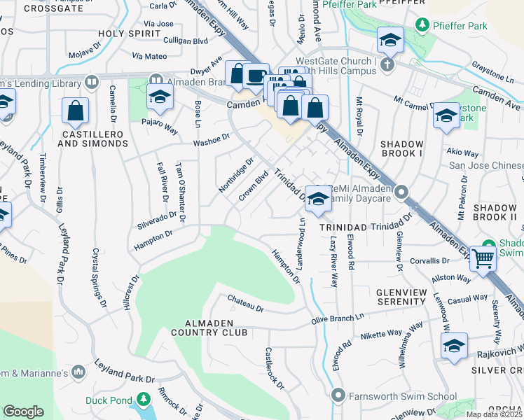 map of restaurants, bars, coffee shops, grocery stores, and more near 1174 Old Oak Drive in San Jose