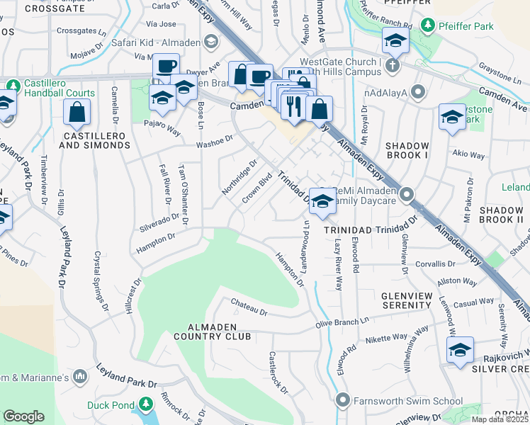 map of restaurants, bars, coffee shops, grocery stores, and more near 1174 Old Oak Drive in San Jose