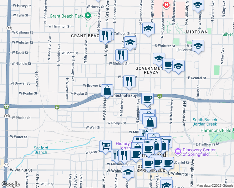 map of restaurants, bars, coffee shops, grocery stores, and more near 629 West Chestnut Expressway in Springfield
