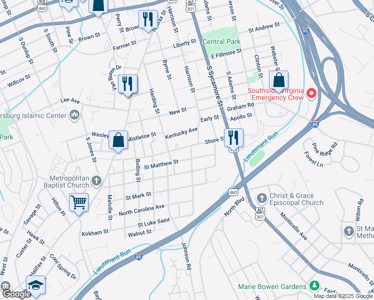 map of restaurants, bars, coffee shops, grocery stores, and more near 210 Shore Street in Petersburg