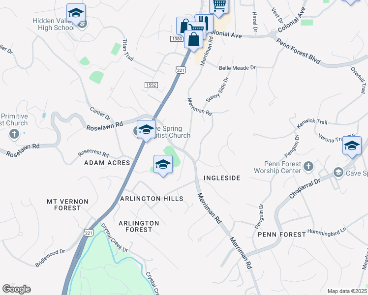 map of restaurants, bars, coffee shops, grocery stores, and more near 5404 Springlawn Avenue in Cave Spring