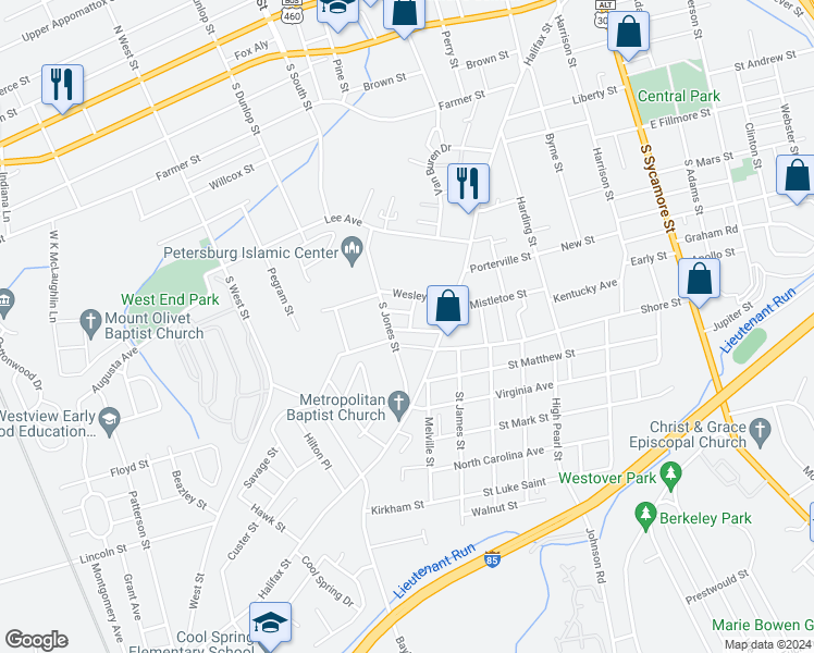 map of restaurants, bars, coffee shops, grocery stores, and more near 701 Independence Avenue in Petersburg