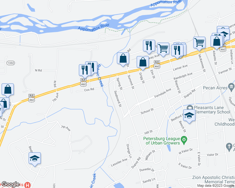 map of restaurants, bars, coffee shops, grocery stores, and more near 109 Seaboard Street in Petersburg