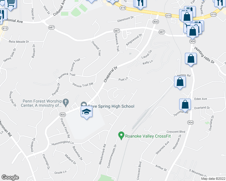 map of restaurants, bars, coffee shops, grocery stores, and more near 3327 Forest Ridge Road in Cave Spring