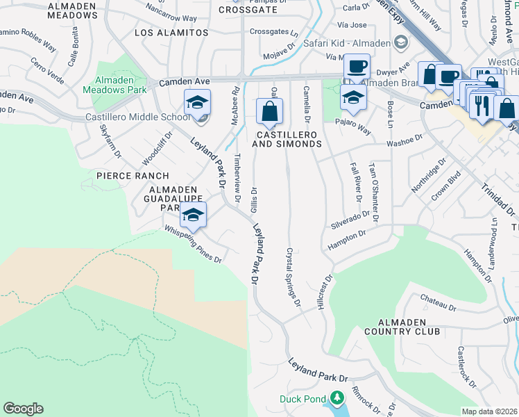map of restaurants, bars, coffee shops, grocery stores, and more near 6614 Leyland Park Drive in San Jose