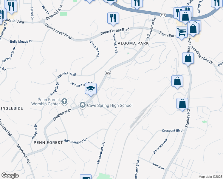 map of restaurants, bars, coffee shops, grocery stores, and more near 3323 Forest Ridge Road in Cave Spring