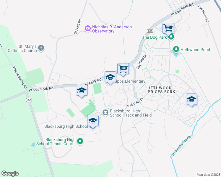 map of restaurants, bars, coffee shops, grocery stores, and more near 2801 Prices Fork Road in Blacksburg